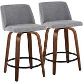 Toriano 24" Swivel Counter Stool in Walnut Wood & Grey Fabric with Black Footrest (Set of 2)